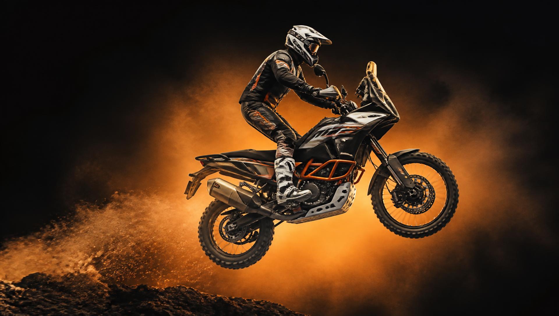 Rally-Enduro-Motorrad im Sprung vor orangefarbenem Lichtnebel